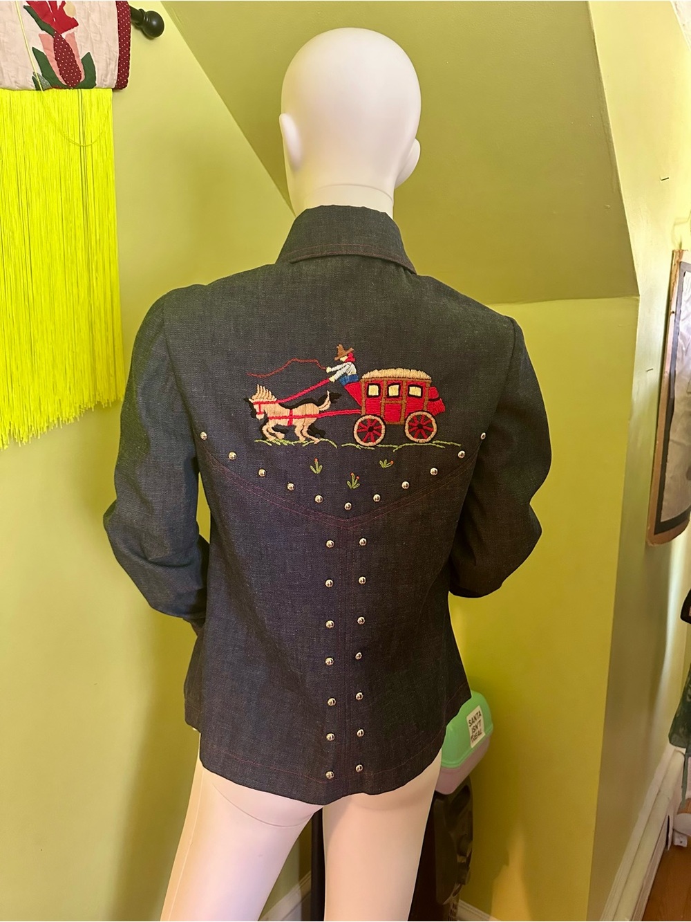Vintage 1970s Embroidered Western Denim Shirt Jacket / Studded Stagewear